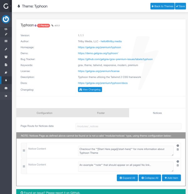 The Notices tab of the Typhoon theme configuration