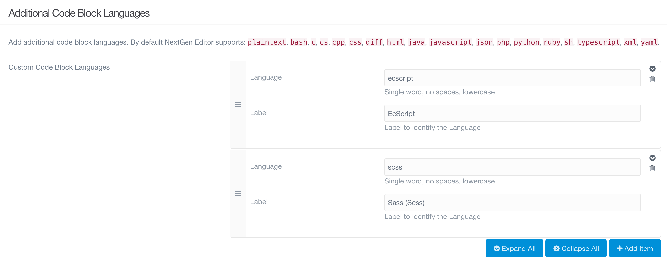 Additional Code Block Languages